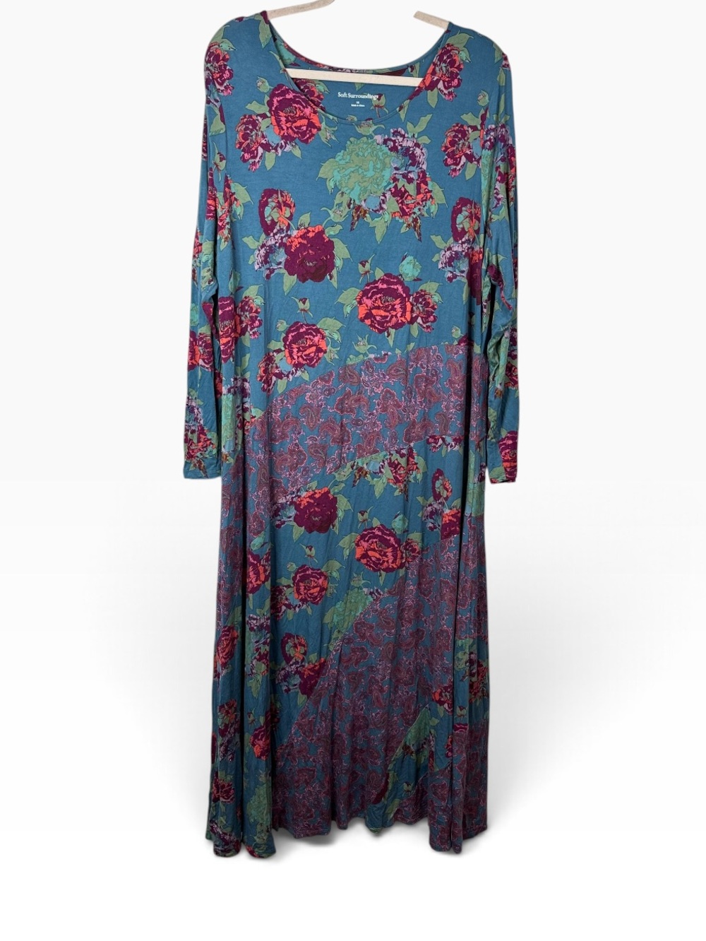 Soft Surroundings Floral Paisley Patchwork Knit Maxi Dress Blue Teal 1X